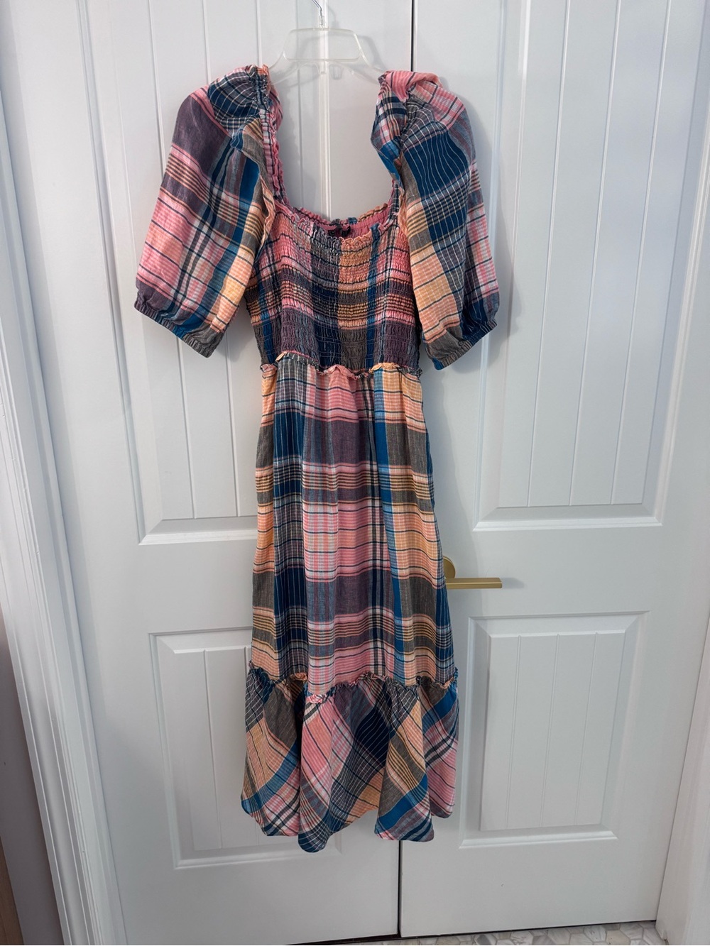 Vineyard Vines Plaid Midi Dress in Pink, Blue, Peach-  MEDIUM